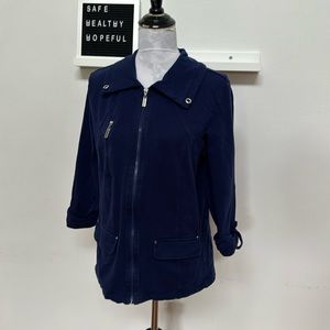 Karen Scott Sport Jacket Coat Dark Blue Roll Tab Sleeves Silver Tone Hardware
